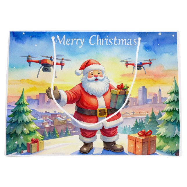Sacola Para Presentes Grande Santa’s Drone Delivery Working on Christmas  (Frente)