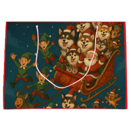 Sacola Para Presentes Grande Santa with joyous pups and elves!