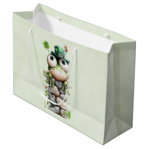 Sacola Para Presentes Grande Sapo com Chapéu Verde e Trevo Fofo