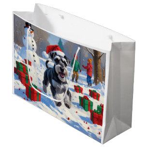 Sacola Para Presentes Grande Schnauzer Correndo na Neve com Chapéu de Natal