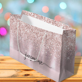 Sacola Para Presentes Grande Script de Nome do Monograma do Glitter Dourado do