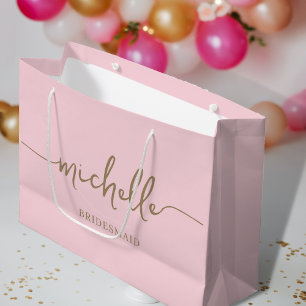 Sacola Para Presentes Grande Script Elegante de Monograma Dourado Chic Rosa