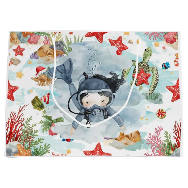 Sacola Para Presentes Grande Scuba Diver Underwater Christmas Holiday  (Frente)
