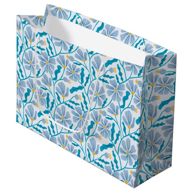 Sacola Para Presentes Grande Seamless Blue Mid-Century Modern Floral Pattern (Frente inclinada)