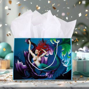 Sacola Para Presentes Grande Sereia Fantasia Azul Mística Dragão de Água Roxa