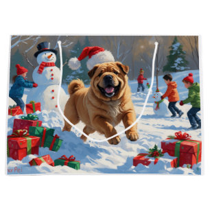Sacola Para Presentes Grande Shar Pei Correndo na Neve com Chapéu de Natal