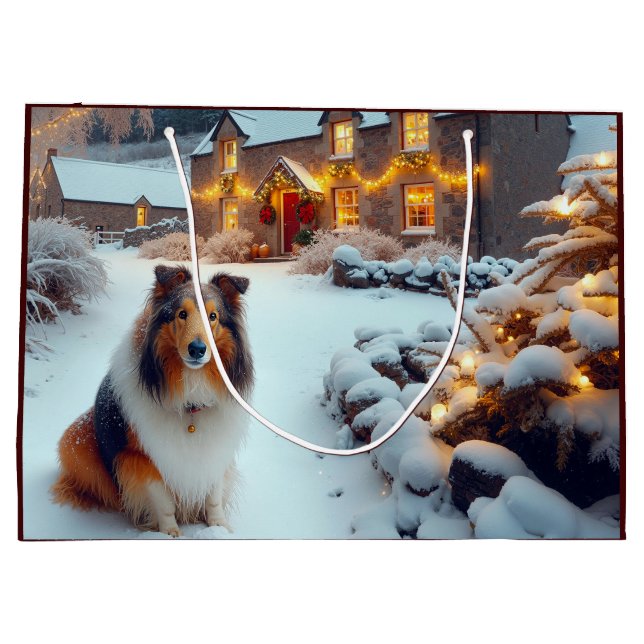 Sacola Para Presentes Grande Shetland Sheepdog Holiday  (Verso)