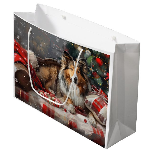 Sacola Para Presentes Grande Shetland Sheepdog Natal Festivo (Frente inclinada)