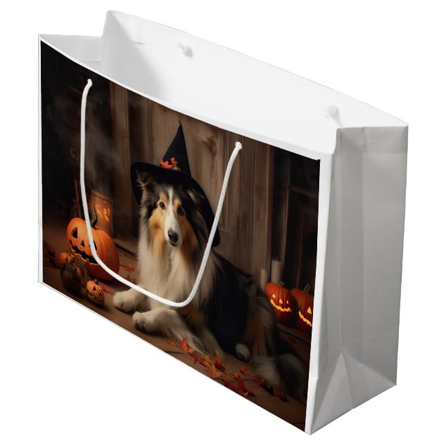 Sacola Para Presentes Grande Shetland Sheepdog Pumpkins Halloween Assustado (Frente inclinada)