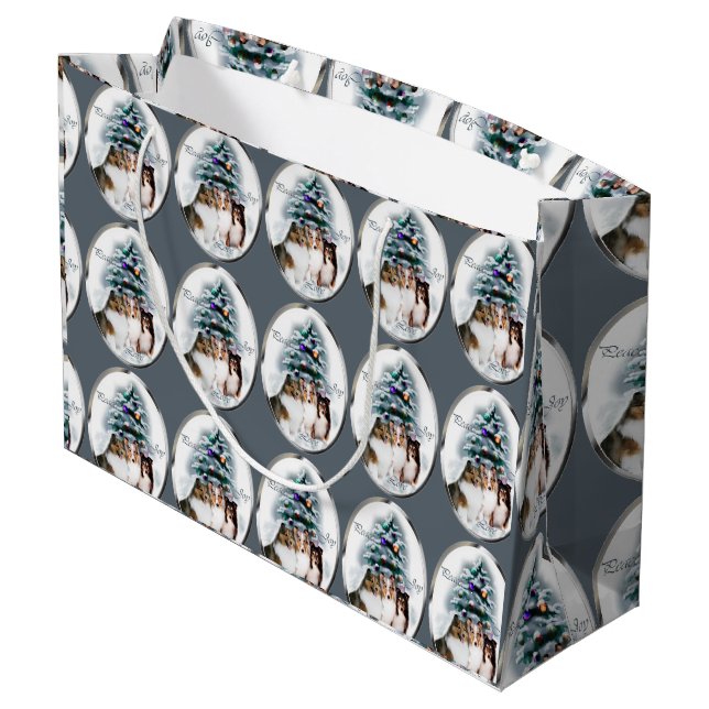 Sacola Para Presentes Grande Shetland Sheepdog Trio de Natal (Verso inclinado)