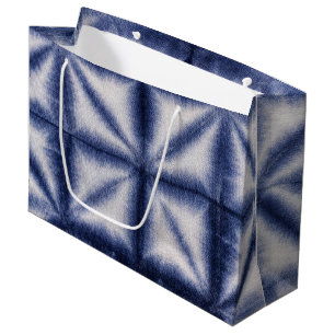 Sacola Para Presentes Grande Shibori Azul e Branco Formas Coladas Colar Olho Ne