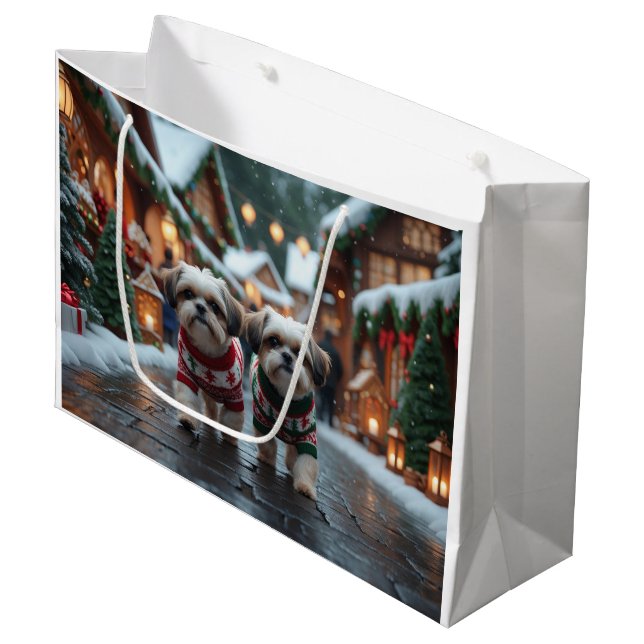 Sacola Para Presentes Grande Shih Tzu Dogs Christmas Snow Holiday (Frente inclinada)