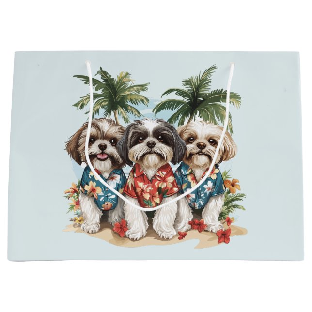 Sacola Para Presentes Grande Shih Tzu Dogs Vestindo camisas havaianas (Frente)