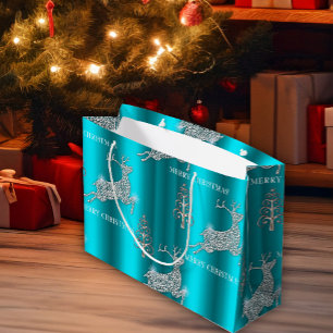 Sacola Para Presentes Grande Shimmering Diamond Reindeer Pulando Aqua Natal