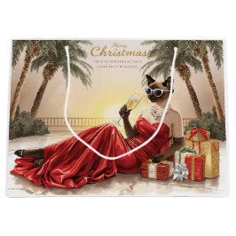 Sacola Para Presentes Grande Siamese Cat Glam Christmas Sipping Champagne