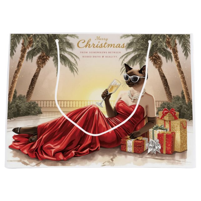 Sacola Para Presentes Grande Siamese Cat Glam Christmas  Sipping Champagne  (Frente)
