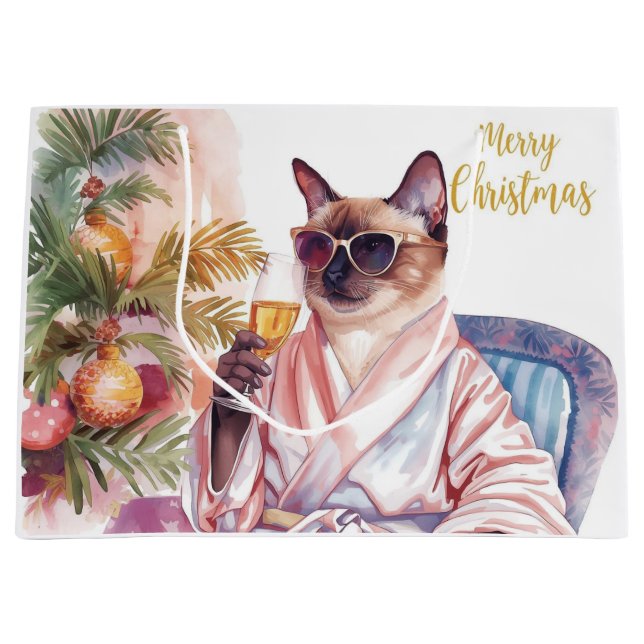 Sacola Para Presentes Grande Siamese Cat Glam Christmas  Sipping Champagne  (Frente)