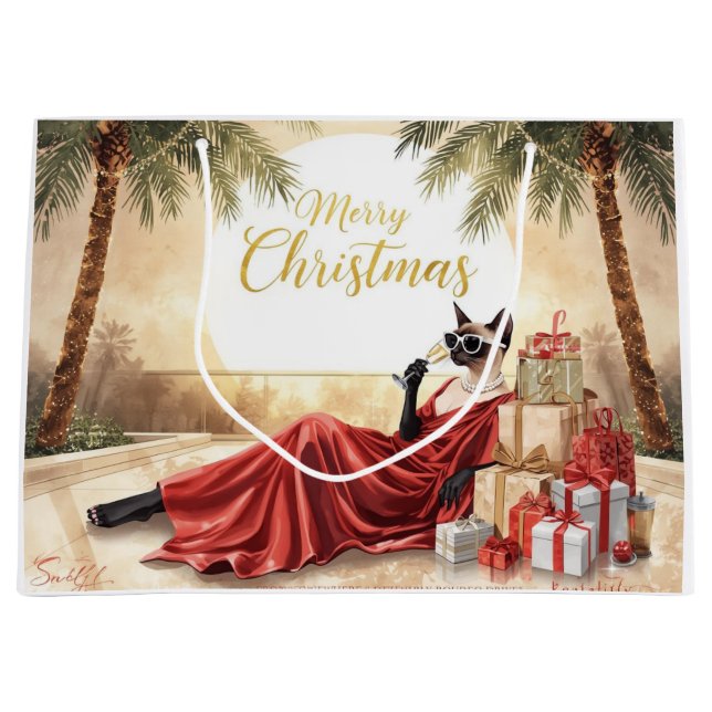 Sacola Para Presentes Grande Siamese Cat Glam Christmas  Sipping Champagne  (Frente)