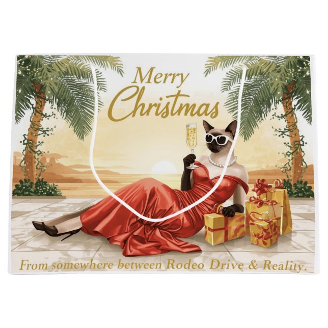 Sacola Para Presentes Grande Siamese Cat Glam Christmas  Sipping Champagne  (Frente)