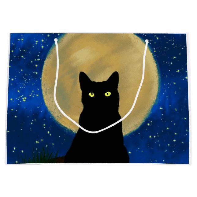 Sacola Para Presentes Grande Silhouette Moonlit Black Cat Halloween (Frente)