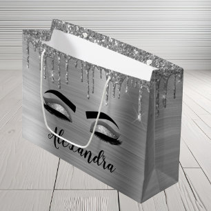 Sacola Para Presentes Grande Silver Glitter Sparkle Eyelashes Monograma