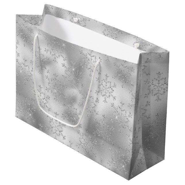 Sacola Para Presentes Grande Silver Glitzy Snowflakes (Frente inclinada)