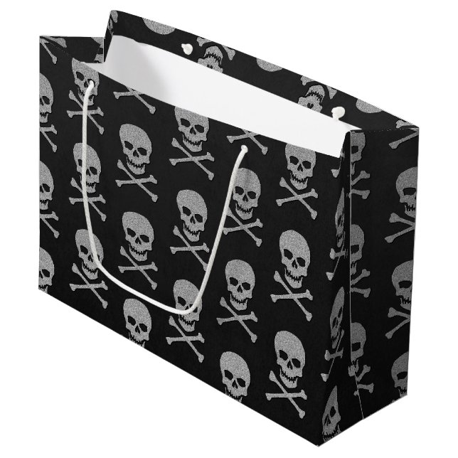 Sacola Para Presentes Grande Silver Skull e Crossbones Halloween (Frente inclinada)