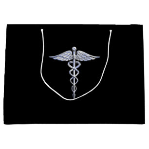 Sacola Para Presentes Grande Símbolo médico do Caduceus de prata no preto