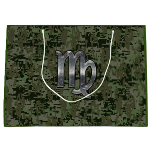 Sacola Para Presentes Grande Símbolo Virgo Zodiac na Camo Digital Woodland