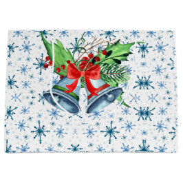 Sacola Para Presentes Grande Sinos de Natal prateados, Holly e Flocos de Neve A