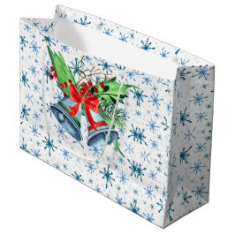 Sacola Para Presentes Grande Sinos de Natal prateados, Holly e Flocos de Neve A