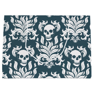 Sacola Para Presentes Grande Skull Flame Damask em branco nítido em azul-estilh