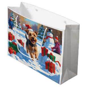 Sacola Para Presentes Grande Skye Terrier Correndo na Neve com Chapéu de Natal