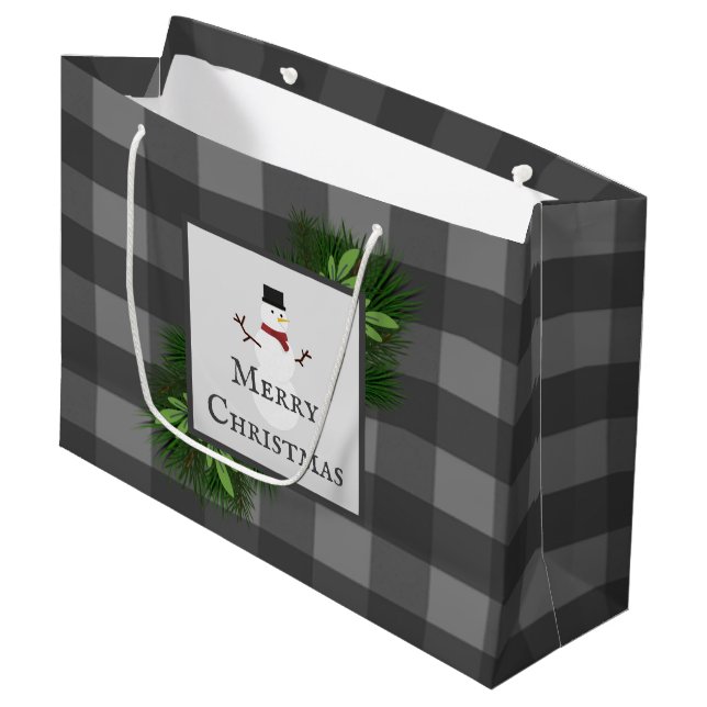 Sacola Para Presentes Grande Snowman Cinza Buffalo Xadrez Gift Bag (Frente inclinada)