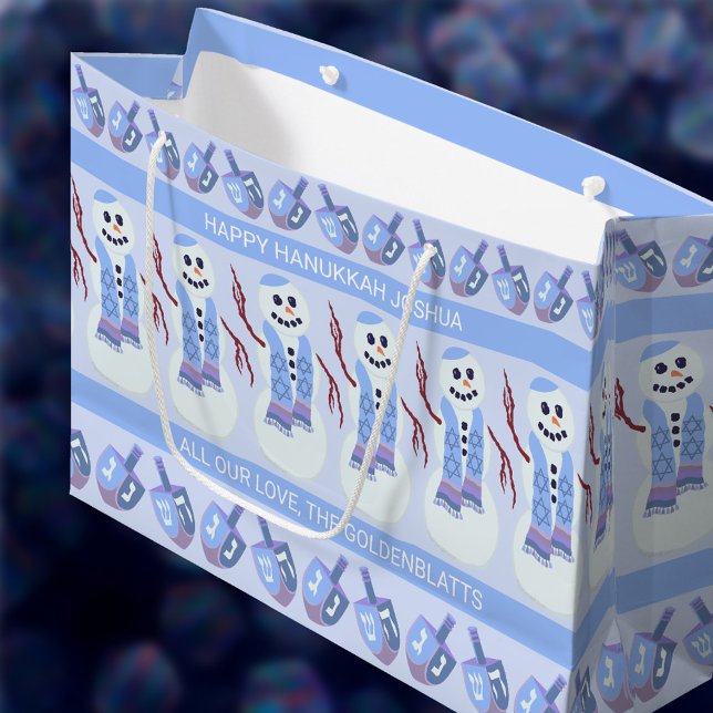 Sacola Para Presentes Grande Snowman Sonde Diversão De Chanucá Branco E Azul (Two text templates let you personalize these Happy Hanukkah gift bags just the way you want)