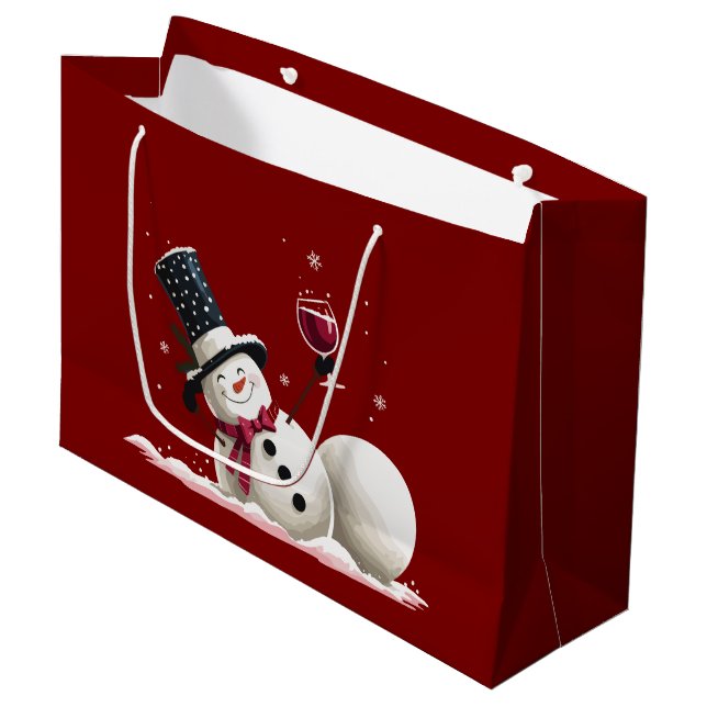 Sacola Para Presentes Grande Snowman With Wine Christmas Gift Xmas Holiday  (Frente inclinada)