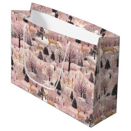 Sacola Para Presentes Grande Snowy Pink Deer Forest