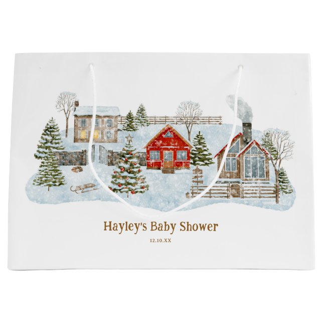 Sacola Para Presentes Grande Snowy Village Winter Holiday Favors (Frente)