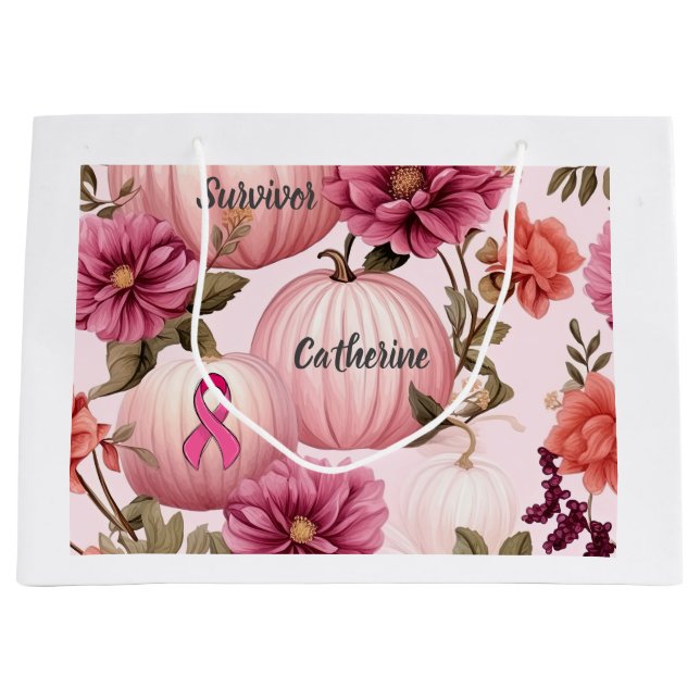 Sacola Para Presentes Grande Sobrevivência. Pumpkins rosa para outubro. (Frente)