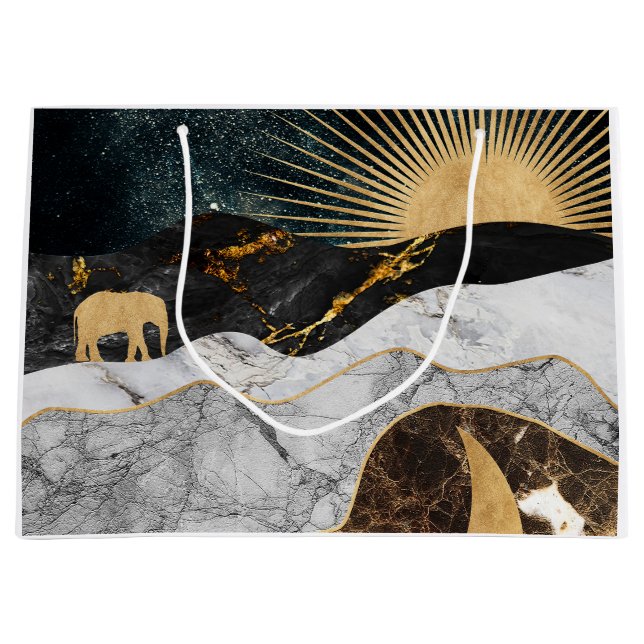 Sacola Para Presentes Grande Sol e Lua ouro com Elefante em Marble Cosmic (Frente)