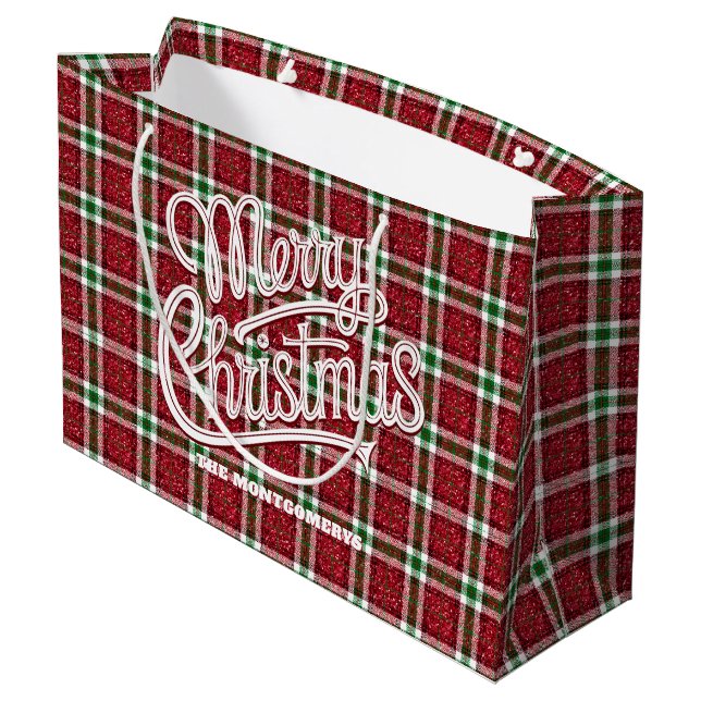 Sacola Para Presentes Grande Sparkly Christmas Plaid  (Verso inclinado)