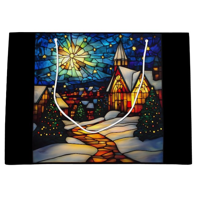 Sacola Para Presentes Grande Stained Glass Winter Village (Frente)
