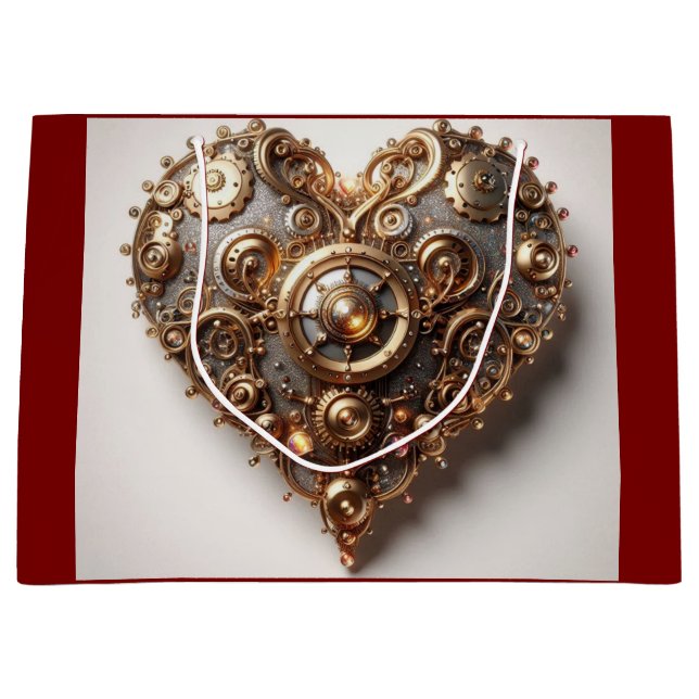 Sacola Para Presentes Grande Steampunk Elegant Clockwork Gear Heart (Frente)