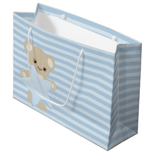 SACOLA PARA PRESENTES GRANDE STRIPES AZUIS TAN TEDDY BEAR & STAR