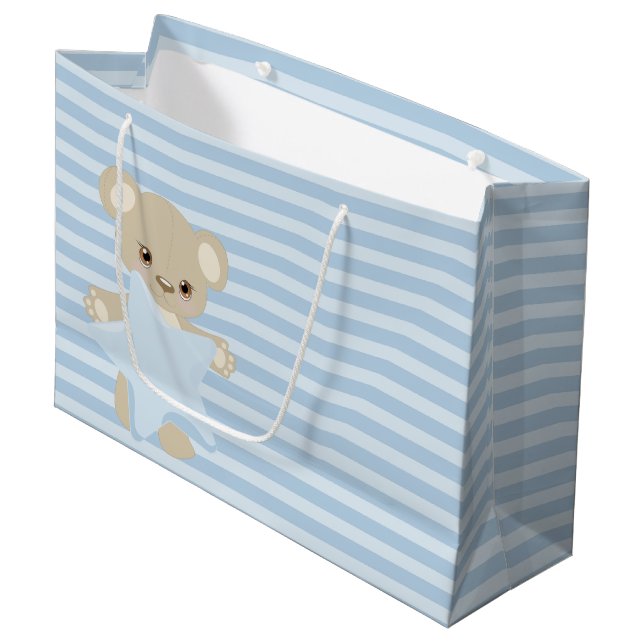SACOLA PARA PRESENTES GRANDE STRIPES AZUIS TAN TEDDY BEAR & STAR (Frente inclinada)