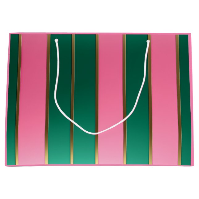 Sacola Para Presentes Grande Stunning Pink & Green Modern Stripes  (Frente)