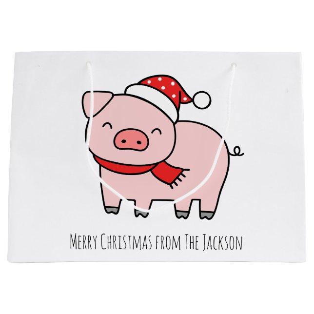 Sacola Para Presentes Grande Suíno Rosa Rosa Bonito Feliz Natal Simples Minimal (Frente)