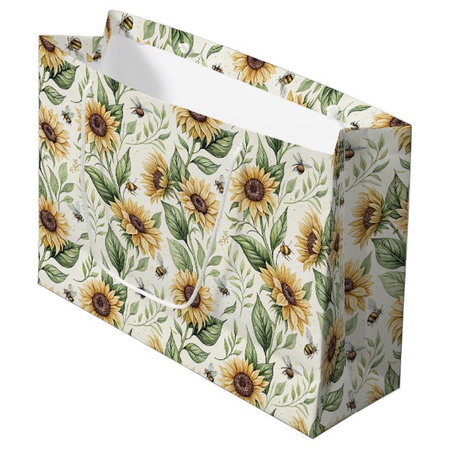 Sacola Para Presentes Grande Sunflowers and Bumble Bees Floral Gift Bag (Frente inclinada)