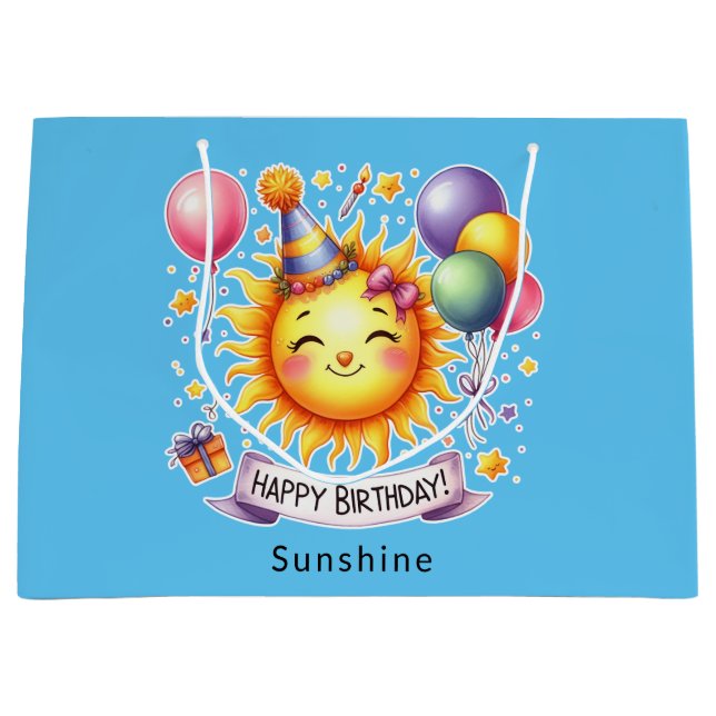Sacola Para Presentes Grande Sunshine Custom Name Happy Birthday Blue (Frente)