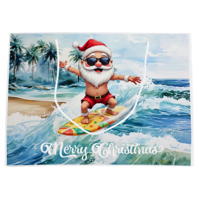 Sacola Para Presentes Grande Surfing Santa is on big wave in Hawaii  (Frente)